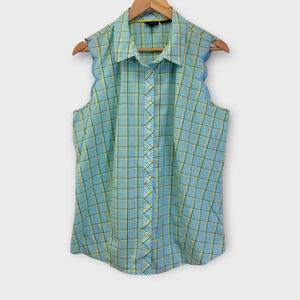 Talbots Sleeveless Button Up Top Size 16‎ Blue Yellow Green Plaid Scalloped Edge